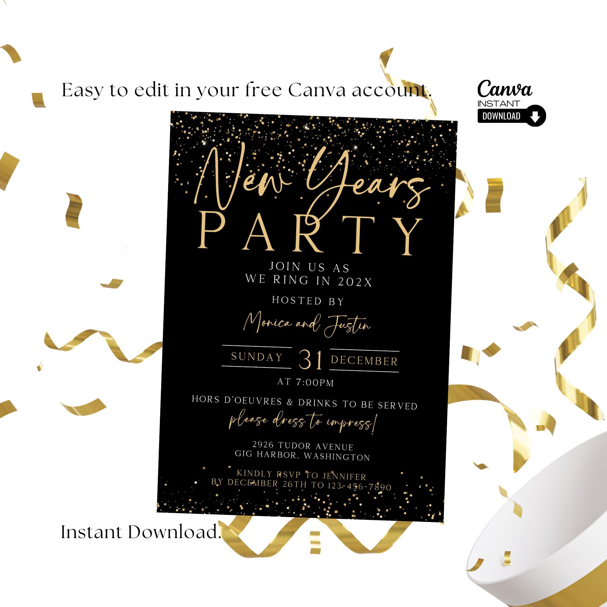 editable new year's eve party invitation: black and gold (instant