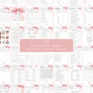 Pode incluir: Um conjunto de 40 jogos de chá de bebê imprimíveis com laços rosa e um fundo de aquarela rosa. Os jogos incluem uma variedade de atividades como palavras embaralhadas, perguntas e respostas e adivinhe quem. O texto "40 jogos de chá de bebê Modelo editável e imprimível" está na parte inferior da imagem.