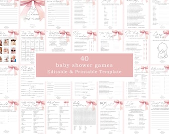 Op de afbeelding: Een set van 40 printbare babyshower-spellen met roze strikken en een roze aquarel achtergrond. De spellen bevatten een verscheidenheid aan activiteiten zoals woordpuzzels, quizzen en raad wie. De tekst "40 babyshower-spellen Bewerkbare & Printbare sjabloon" staat onderaan de afbeelding.