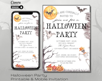 Peut inclure: Invitation de fête d'Halloween imprimable et mobile avec une illustration en noir et blanc d'un fantôme, d'un squelette et de chauves-souris. L'invitation comprend le texte "Vous êtes cordialement invités à vous joindre à nous pour une fête d'Halloween" et des détails sur la fête, y compris la date, l'heure, le lieu et les informations RSVP.