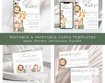 Safari Baby Shower Invitation Bundle: Jungle Animals (Canva Template)