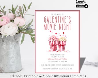 Galentine Movie Night Invitation Template: Editable Party Invite (Digital Download)