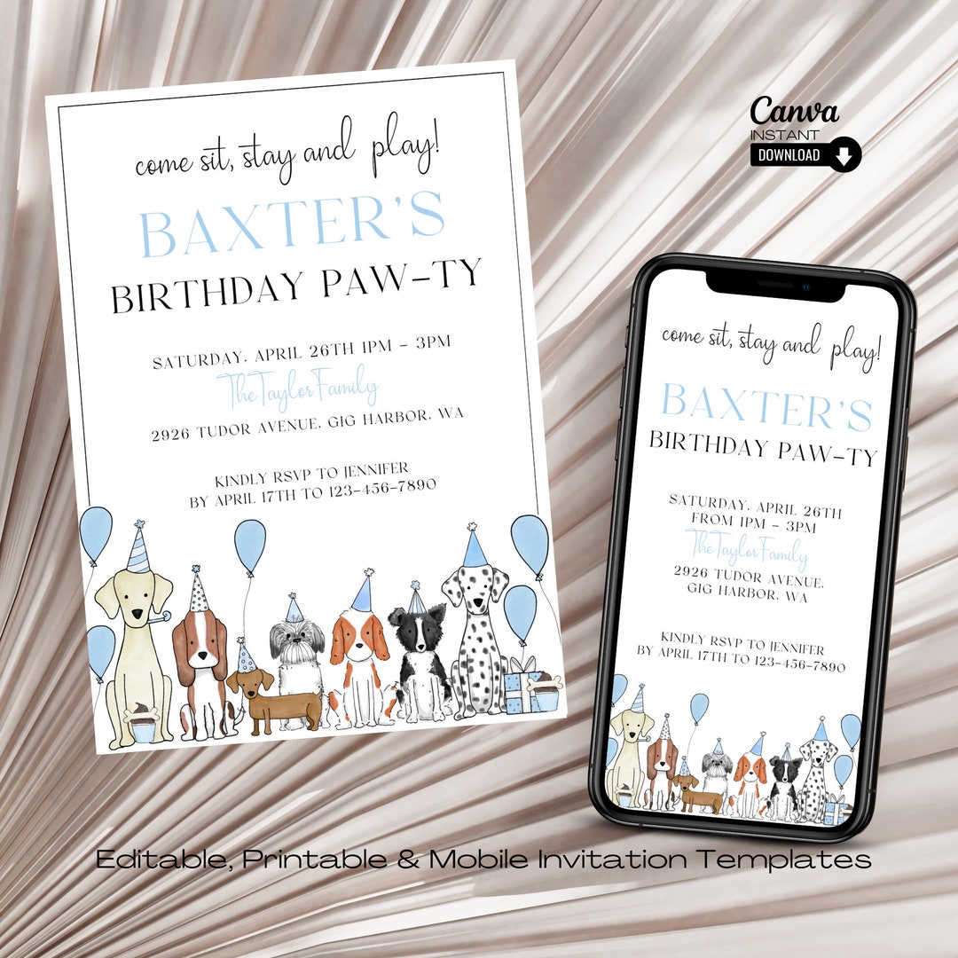 Editable Dog Birthday Party Invitation Template, Printable Puppy Pawty ...