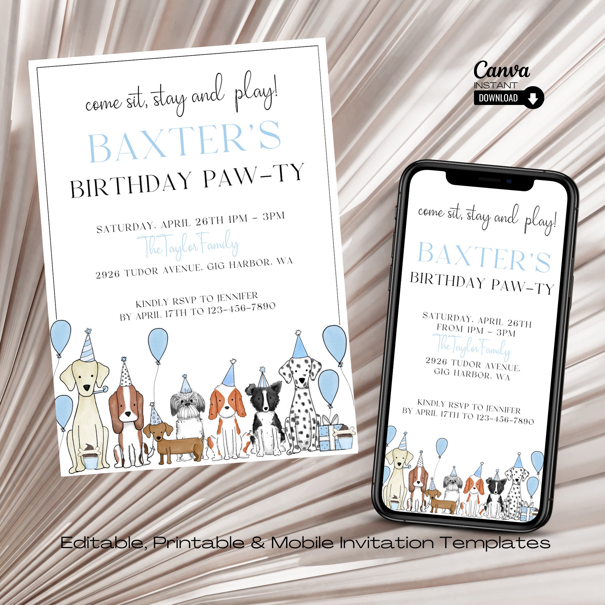 Editable Dog Birthday Party Invitation Template, Printable Puppy Pawty ...