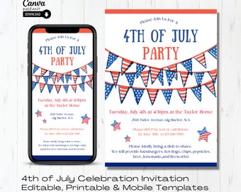 May include: Editable 4th of July party invitation template with red, white, and blue stars and bunting. The invitation includes the date, time, location, and RSVP information.  Please Join Us For A 4th of July Party. Tuesday, July 4th at 4:30pm at the Taylor Home. 2926 Tudor Avenue, Gig Harbor, WA. Please RSVP by text or call Helene by June 30th to 123 456 7890. Please kindly bring a dish to share. We will provide hamburgers, hot dogs, chips, popsicles, beer, lemonade and fireworks!