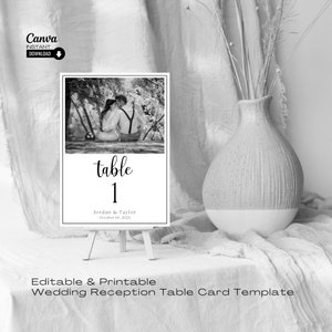 Cartões de mesa de fotos de casamento personalizáveis: modelo editável do Canva para decoração elegante de recepção