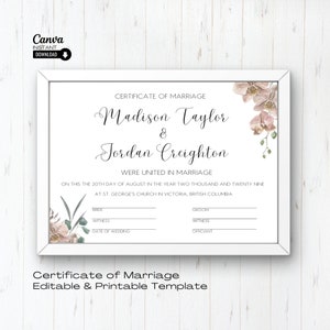 Bearbeitbare Hochzeitszertifikatvorlage, druckbare Heiratsurkunde, Hochzeitsandenken, bearbeitbare Urkunde, Urkunde der Ehe, Canva
