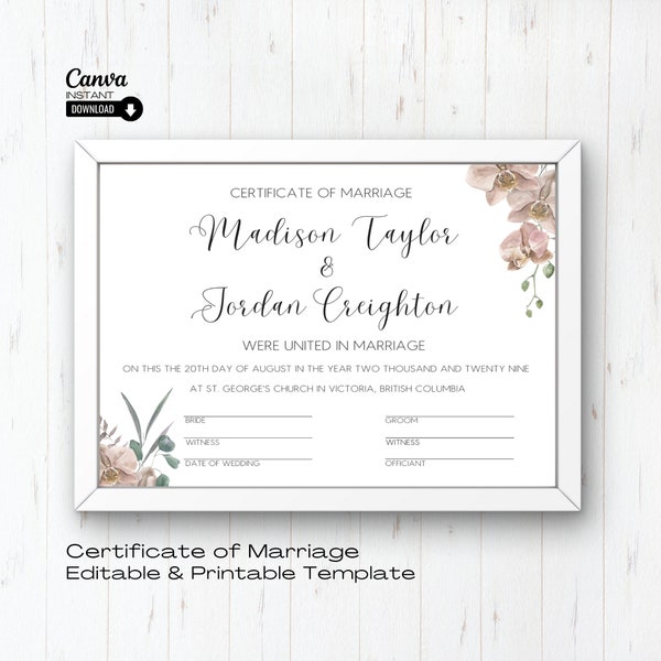 Editable Wedding Certificate Template, Marriage Certificate Printable, Wedding Keepsake, Editable Certificate, Certificate Marriage, Canva