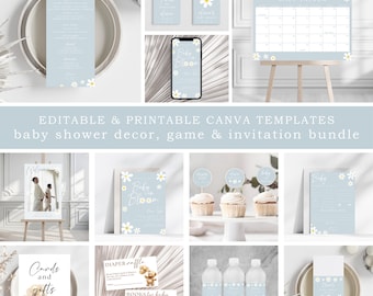 Boho Daisy Baby Shower Invitation Bundle: Blue Floral Decor (Canva Editable)