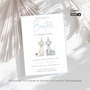 Editable Dog Birthday Party Invitation Template, Printable Puppy Pawty Invite, Instant Download Digital Doggy Party Evite