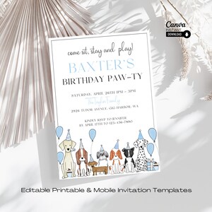 Editable Dog Birthday Party Invitation Template, Printable Puppy Pawty Invite, Instant Download Digital Doggy Party Evite
