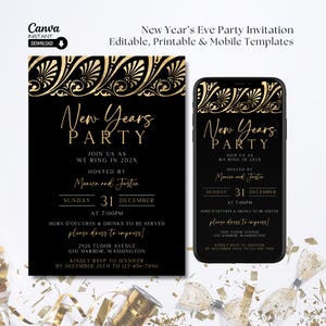 Black and Gold Silvester Party Einladung Vorlage (Digitaler Download)