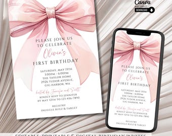 Pink Bow Birthday Invitation: Coquette Girl Invite (Digital Download)