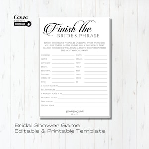 Editable Bridal Shower Games, Printable Wedding Shower Game Template, Finish the Phrase Activity, What Did the Bride Say, Instant Download