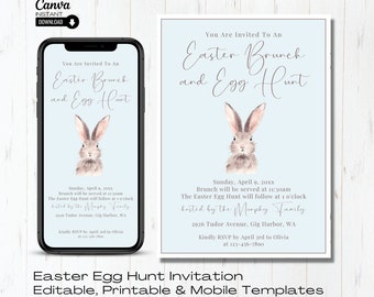 Editable Easter Egg Hunt Invitation: Watercolor Bunny (Printable & Mobile)