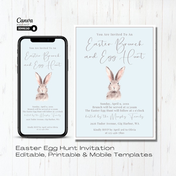 Easter Egg Hunt Invitation, Editable Easter Party Invite, Egg Hunt Invite, Easter Brunch Printable Invitation, Mobile Easter Bunny Invite