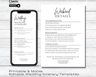 Wedding Itinerary Template: Weekend Timeline, Electronic Schedule (Printable & Editable)