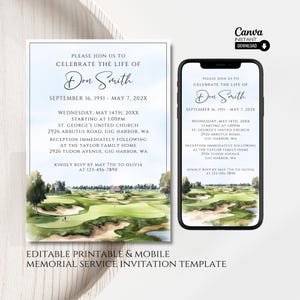 May include: Editable printable and mobile memorial service invitation template featuring a watercolor illustration of a golf course with a blue sky and white clouds. The text reads "Please join us to celebrate the life of Don Smith, September 16, 1951 - May 7, 202X. Wednesday, May 14th, 20XX starting at 1:00PM. St. George's United Church, 2926 Arbutus Road, Gig Harbor, WA. Reception immediately following at the Taylor Family Home, 2926 Tudor Avenue, Gig Harbor, WA. Kindly RSVP by May 7th to Olivia at 123-456-7890."