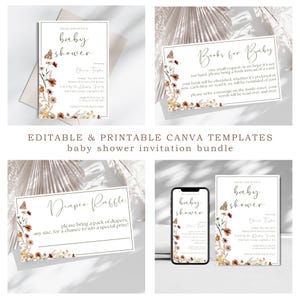 Lot d'invitations florales modifiables pour baby shower, livres imprimables de fleurs sauvages neutres en matière de genre pour carte de bébé et carte ticket de tombola de couches, toile