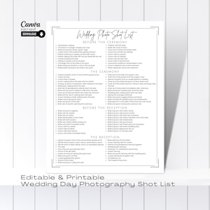 Editable Wedding Photography Checklist, Photographer Form, Printable Wedding Photo Checklist, Editable Photography Shot List Template, Canva