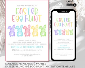 Editable Easter Egg Hunt Invitation: Watercolor Bunny (Printable & Mobile)