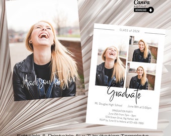 Boho Graduation Party Invitation Template: Modern Photo Announcement (5x7, Editable Canva)
