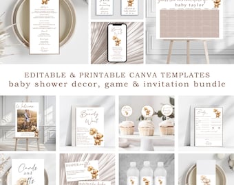 Teddy Bear Baby Shower: Invitation, Games, Decor Canva Template (Digital Download)