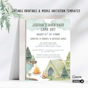 Könnte beinhalten: Eine druckbare Einladungsvorlage für einen Hinterhof-Campingausflug mit einem Aquarelldesign mit einem Zelt, Lagerfeuer und Bäumen. Die Einladung enthält Veranstaltungsdetails und RSVP-Informationen. Der Text lautet: "Jordan's Backyard Camp Out."