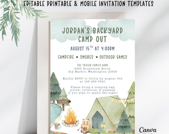Editable Camping Birthday Invitation: S'mores Party Campout (Canva Template Digital Download)