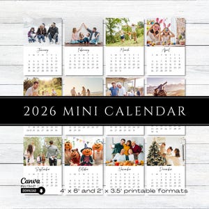 Puede incluir: Un mini calendario de 2026 con fondo blanco. Cada mes presenta una foto familiar diferente. El calendario incluye los meses de enero a diciembre. El calendario está disponible en formatos imprimibles de 10 cm x 15 cm y 5 cm x 9 cm.