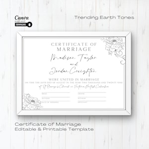 Bearbeitbare Hochzeitszertifikatvorlage, druckbare Heiratsurkunde, Hochzeitsandenken, bearbeitbare Urkunde, Urkunde der Ehe, Canva
