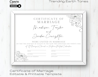 Editable Wedding Certificate Template: Earth Tone Floral Design (Canva)