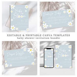 Lot d'invitations modifiables pour baby shower bébé en fleurs, livre bleu imprimable pour carte de bébé et carte ticket de tombola de couches, shower de marguerites rétro