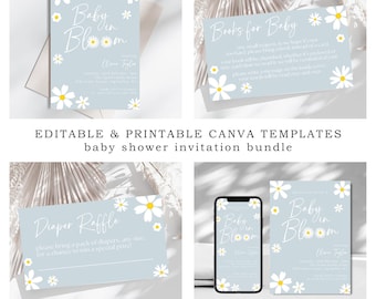 Baby in Bloom Shower Invitation Bundle: Retro Daisy Design (Canva Template)