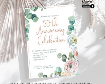 Editable 50th Anniversary Invitation: Floral Canva Template (Digital Download)