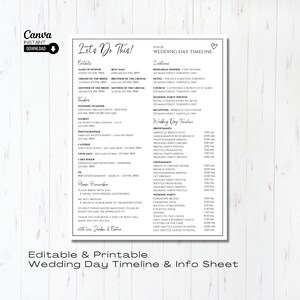 Wedding Day Timeline, Editable Wedding Itinerary, Wedding Day Timeline Itinerary Template, Wedding Day Schedule, Order of Events Template