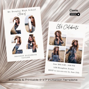 Boho Graduation Invitation Template: Photo Collage, Printable Announcement (Canva Template)