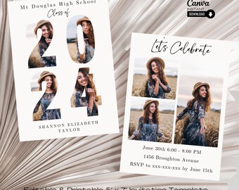 Boho Graduation Invitation Template: Photo Collage, Printable Announcement (Canva Template)