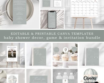 Neutral Baby Shower Invitation Bundle: Green Minimalist Decor (Canva Template)