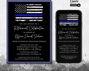 Plantilla de invitación editable para fiesta de jubilación de la policía, invitación imprimible de Blue Line, invitación de jubilación de Thin Blue Line, invitación digital de jubilación de la policía