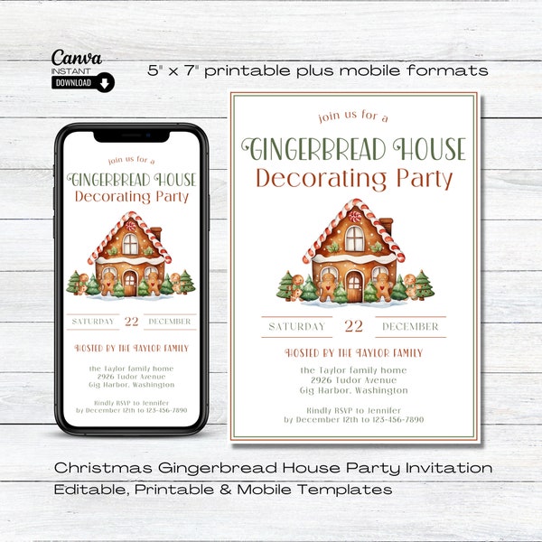 Editable Gingerbread House Decorating Party Invitation, Printable Christmas Gingerbread Contest Invite, Cookie Decorating Party Evite, Canva