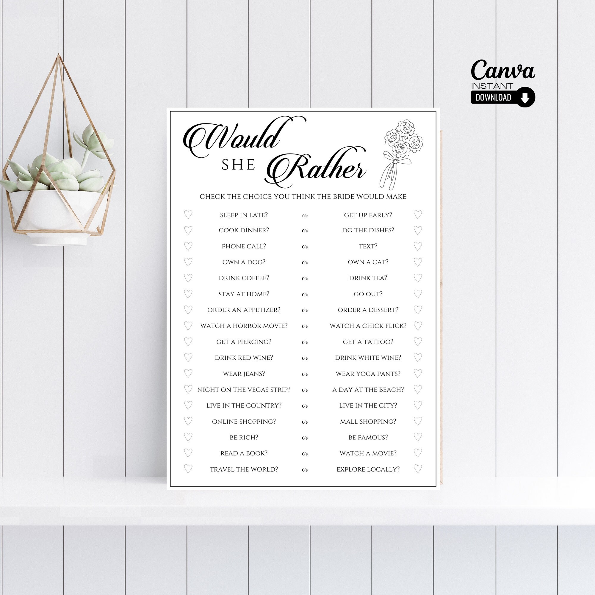 Editable Bridal Shower Game, Printable Would She Rather Bridal Game ...