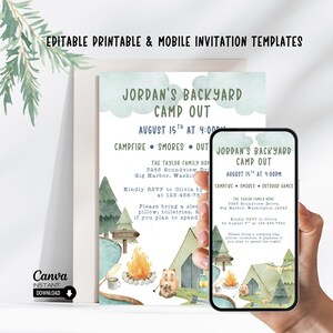 Könnte beinhalten: Eine druckbare Einladungsvorlage für einen Campingausflug im Garten, mit einem Aquarelldesign mit Lagerfeuer, Zelt und Waldelementen. Die Einladung enthält den Text "Jordan's Backyard Camp Out" und Veranstaltungsdetails.