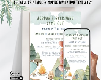 Editable Camping Birthday Invitation: S'mores Party Campout (Canva Template Digital Download)