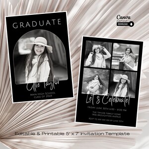 Modern Graduation Invitation Template: Black and White Formal Design (Canva, 5x7, Digital Download)