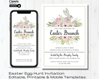 Easter Brunch Invitation: Watercolor Bunny, Editable Template (Printable & Mobile)