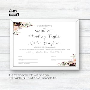 Bearbeitbare Hochzeitszertifikatvorlage, druckbare Heiratsurkunde, Hochzeitsandenken, bearbeitbare Urkunde, Urkunde der Ehe, Canva