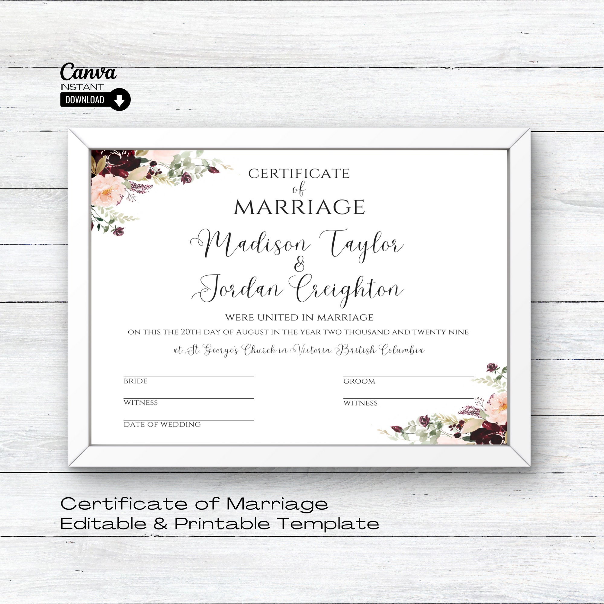 Plantilla de certificado de boda editable, certificado de matrimonio ...