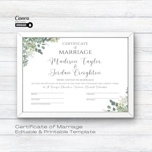 Plantilla de certificado de boda editable, certificado de matrimonio imprimible, recuerdo de boda, certificado editable, certificado de matrimonio