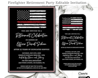 Firefighter Retirement Party Invitation: Thin Red Line Design (Canva Template Digital Download